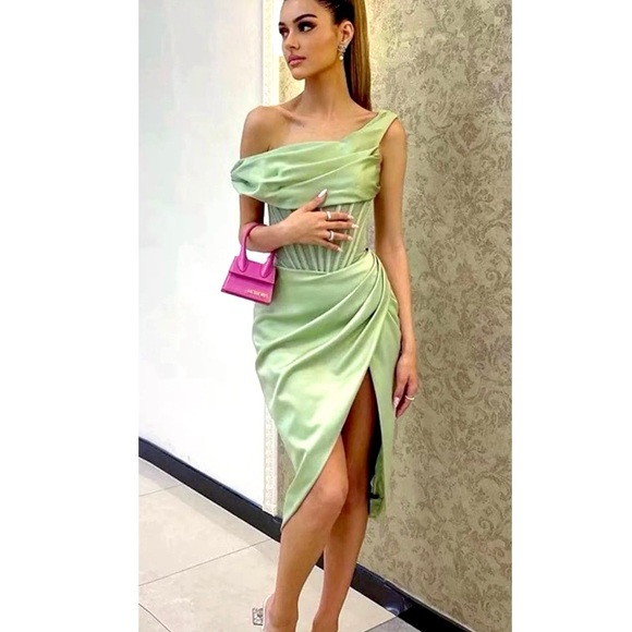 House of CB 'Lulu' Corset Sheer Panel Satin Draped Dress Pistachio XS  US 2-4 - Picture 16 of 16